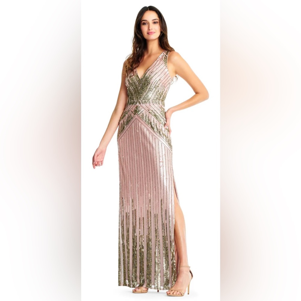 Aidan Mattox Blush Sleeveless Sequin Column Dress with V-neck